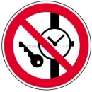 Verbotszeichen nach DIN EN ISO 7010 und ASR A 1.3 (2013): Mitführen von Metallteilen und Uhren verboten nach ISO 7010 (P 008)