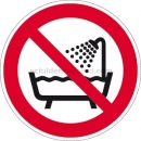 Verbotszeichen nach DIN EN ISO 7010 und ASR A 1.3 (2013): Verbot, dieses Gerät in der Badewanne, Dusche oder über mit Wasser gefülltem Waschbecken zu benutzen nach ISO 7010 (P 026)