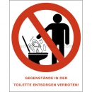 Verbotszeichen mit Text und Piktogramm: Kombischild Gegenstände in die Toilette werfen verboten