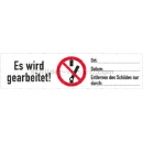 Verbotszeichen mit Text und Piktogramm: Verbotsetiketten Nicht schalten! Es wird gearbeitet